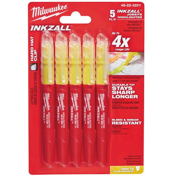 Pack de 5 surligneurs inkzall jaune 48223201 milwaukee