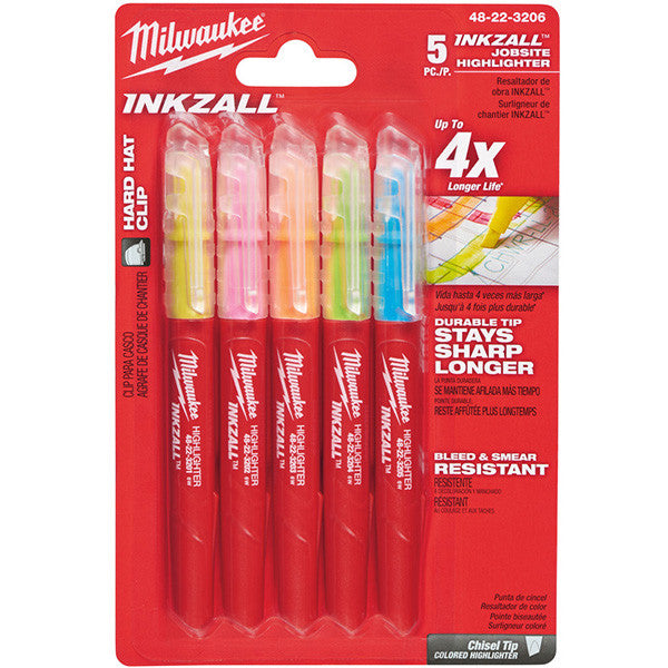 Pack de 5 surligneurs inkzall couleur 48223206 milwaukee