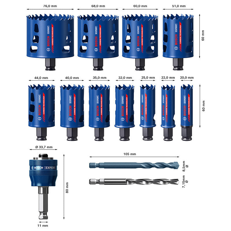 Coffret 11 trépans carbure multi materiaux ø20 à 76 2608900448 bosch