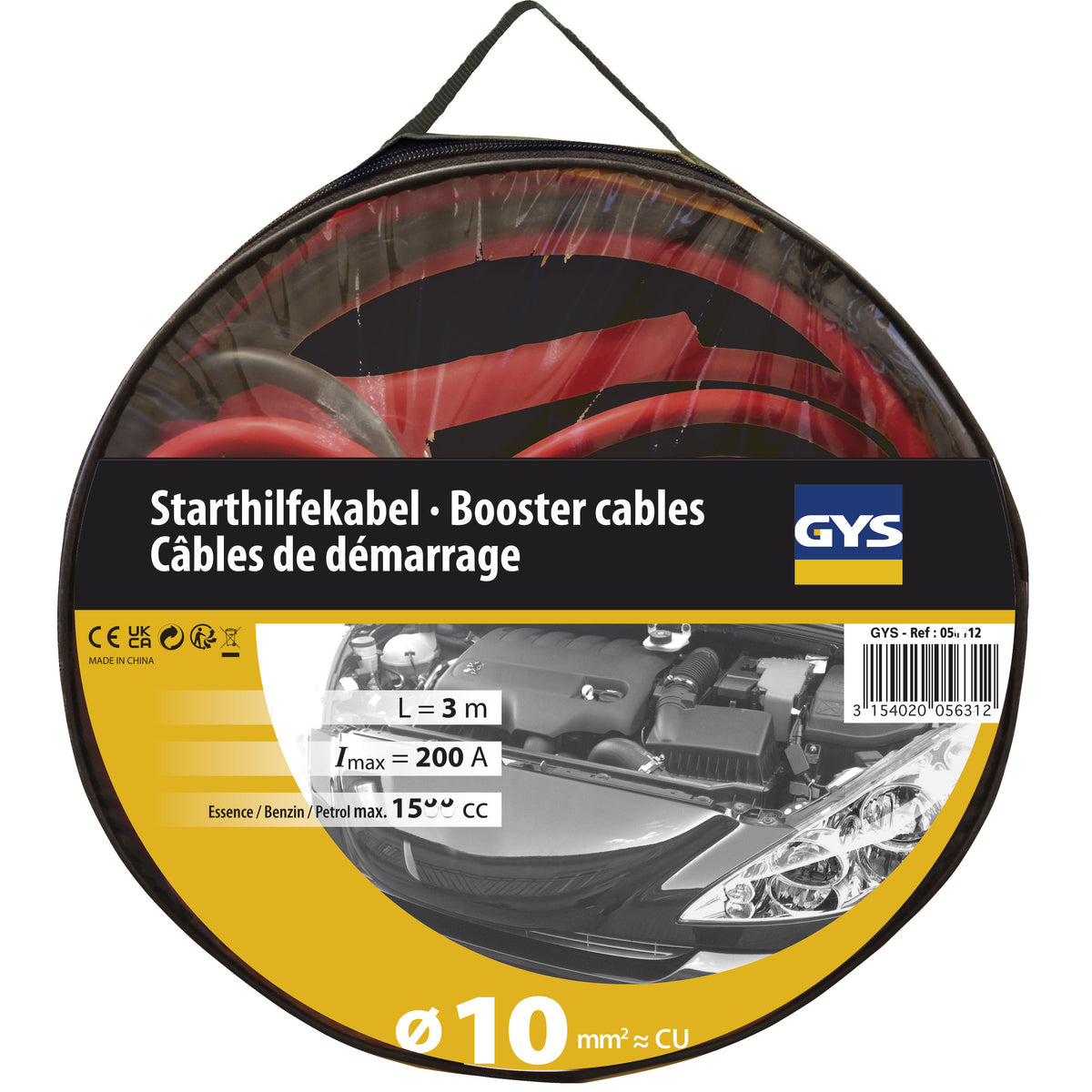 Câbles démarrage 200 a 3 m / 10 mm² pinces isolées 056312 gys