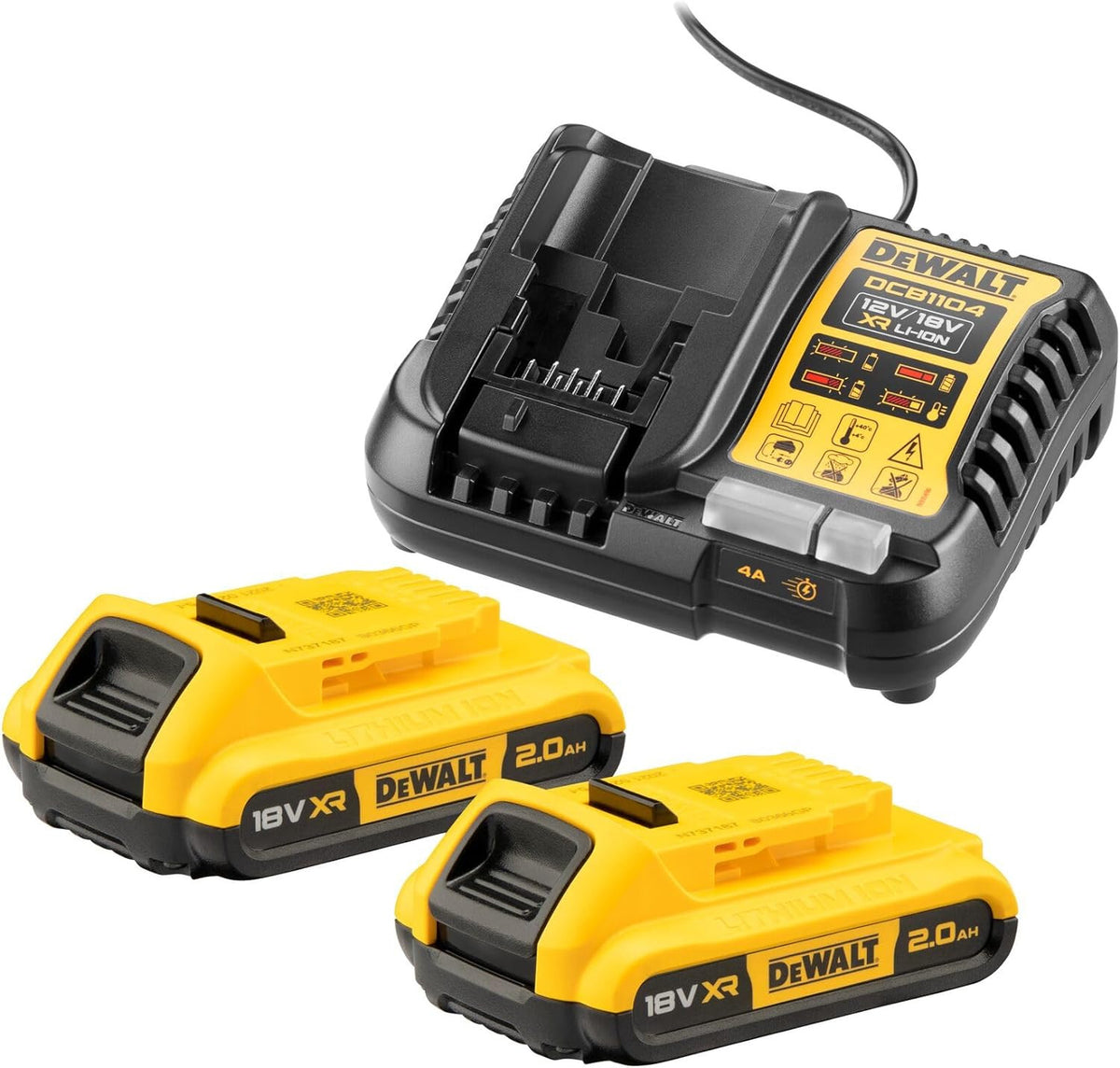 Pack 2 batteries 18v 2ah + chargeur dcb1104d2-qw dewalt
