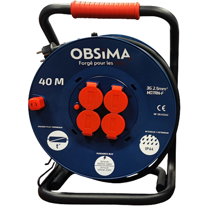 OBSIMA Enrouleur de câble 4 prises à clapet câble 3G2.5 40m - 602822