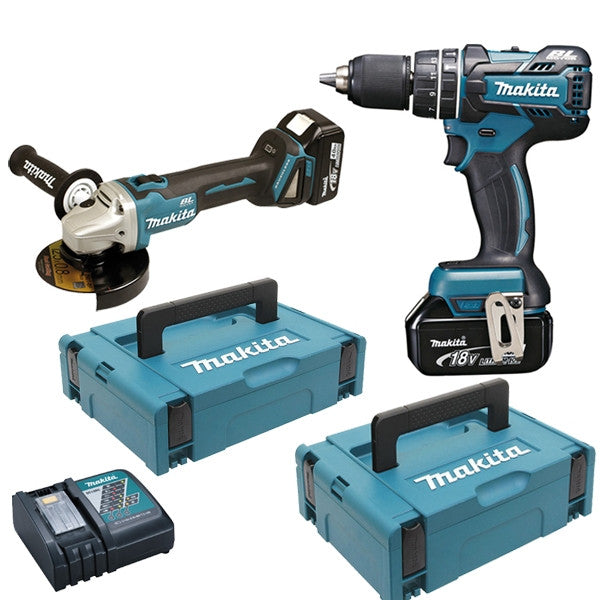 Pack 2 outils 18v meuleuse dga506 + perceuse dhp484 2x5 ah dlx2210tj1 makita