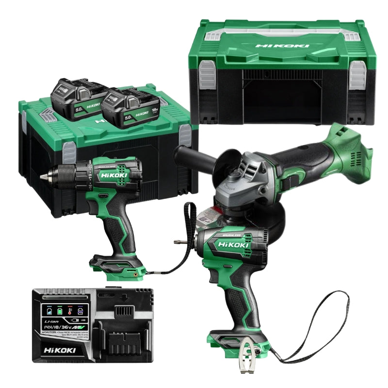 HIKOKI Pack 3 outils Perceuse + visseuse + meuleuse 18V 2x5Ah - PACK3OUT18V1