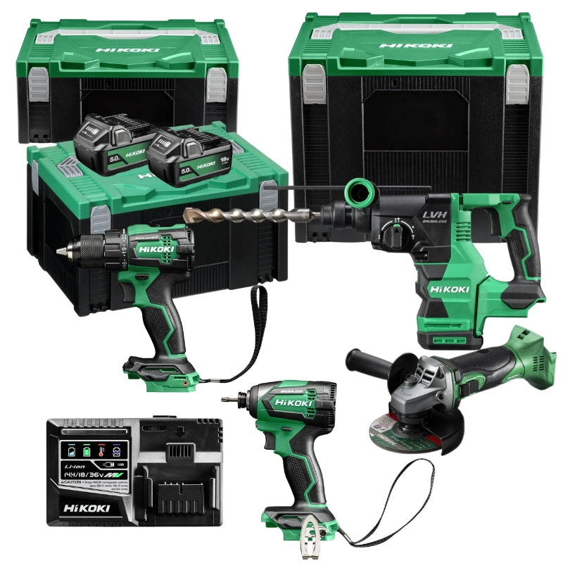 HIKOKI Pack 4 outils Perceuse + visseuse + meuleuse + perfo 18V 2x5Ah - PACK4OUT18V1
