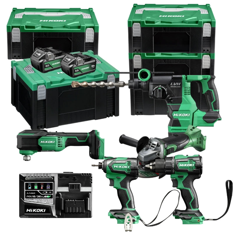 HIKOKI Pack 5 outils Perceuse + visseuse + meuleuse + perfo + oscillant 18V 2x5Ah - PACK5OUT18V1