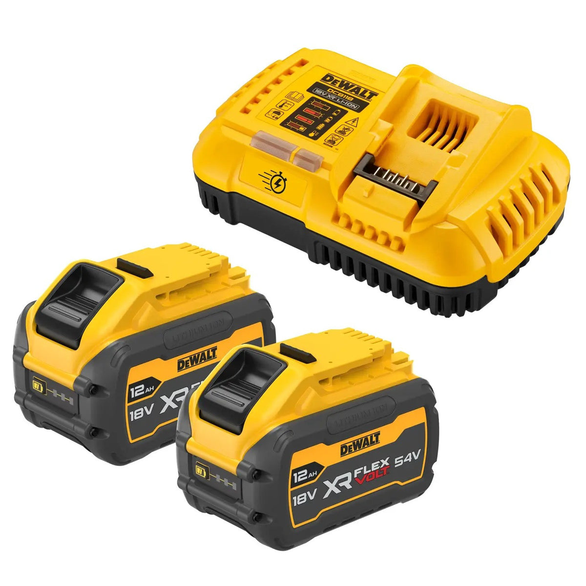 DEWALT Pack 2 Batteries 18V/54V 12 Ah/4 Ah FLEXVOLT + Chargeur - DCB118XY2-QW